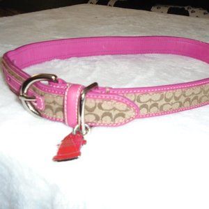 COACH HOT PINK LEATHER BROWN JACQUARD SIGNATURE C DOG COLLAR EXTRA LARGE 60178